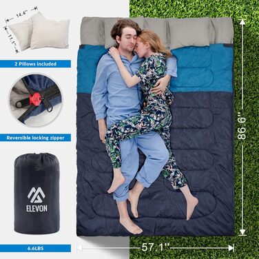 Спальний мішок Elevon для дорослих, підлітків та дітей, для холодної та теплої погоди, водонепроникний, легкий, компактний, з компресійним мішком, для 3-4 сезонів, кемпінг, подорожі, 1 особа, зелений (2 особи, темно-синій)