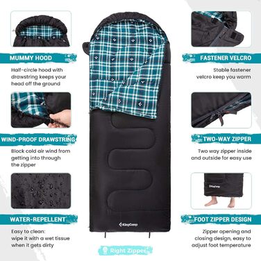 Сплячий мішок KingCamp для дорослих, для холодної погоди, великий XL, з фланелі, з компресійним мішком, водонепроникний, чорний, 230x90 см