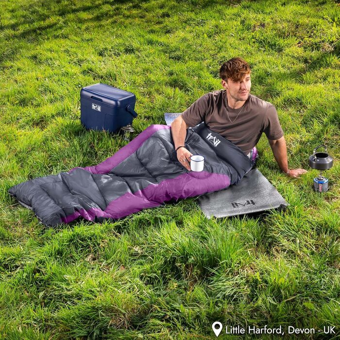 Спальний мішок Trail-Alpin з капюшоном – 250 г, 3-сезонний. Легкий, компактний – з капюшоном та компресійним мішком (Червоний, Ліловий)