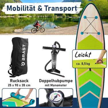 Надувний SUP-борд BRST Tropic | Комплект для станд-ап паддлбордингу | 320x81x15 см | 6 дизайнів | 5 років гарантії | з аксесуарами | 2в1: SUP та каяк, тримач для Action Cam, ланцюжок для ніг, насос, рюкзак (Турквіз)