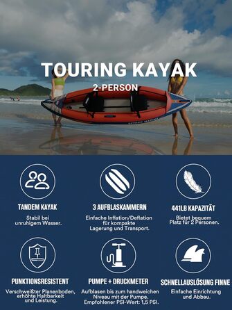 Надувний каяк BEYOND MARINA для 1-3 осіб, комплект з веслами, сидіннями, насосом, плавником і сумкою, Drop-Stitch, міцний, універсальний, 420x81x50 см