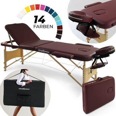 Масажне ліжко VENDOMNIA з дерев'яними ніжками, 3 зони, регулювання висоти, включаючи якісну подушку, сумку, підлокітники, вибір кольору, складане, для масажу, ліжко для процедур, Бургунді