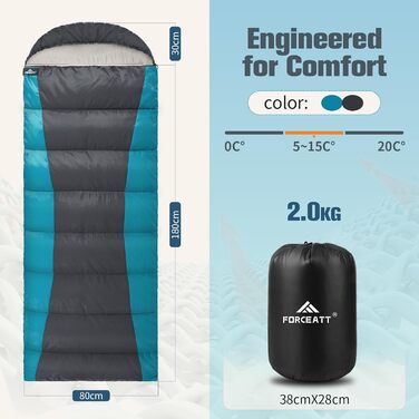 Спальний мішок Forceatt Winter -5°C до -20°C, Outdoor для 3-4 сезони, легкий та водонепроникний, для дорослих, кемпінг, подорожі, рюкзак. Внутрішня підкладка bPolyester (Королівський синій, 10°C)