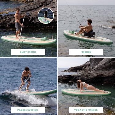 Надувний SUP-борд HUIIKE Stand Up Paddle Board з аксесуарами: весло, фіни, насос. Стабільний та міцний, 305 × 84 × 15 см, до 130 кг (Paulownia Mint - Full Pack)