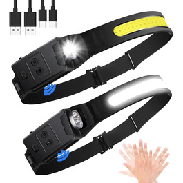 LED налобний ліхтар, 2 шт., 230° широкий кут огляду, з червоним сигнальним світлом, 6 режимів освітлення, датчик, водонепроникність. Ідеально для бігу, риболовлі та активного відпочинку