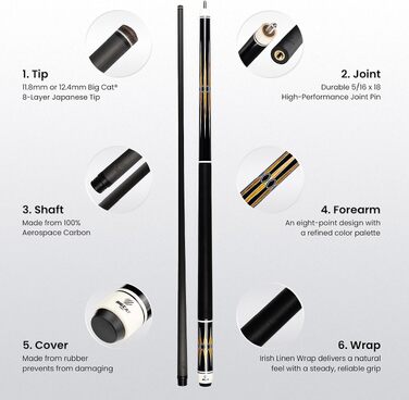 Більярдний кий Big Cat Carbon Gold Series GLD-3, карбоновий шафт Pro Taper 30.5 см, накінечник 12.4 мм, вага 19oz, чорна ірландська лляна обмотка