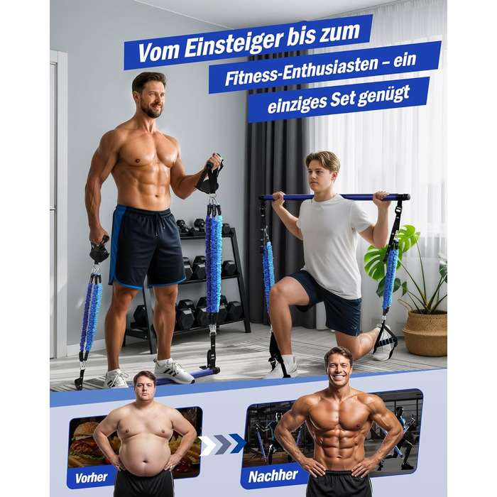 Набір для пілатесу з еластичними стрічками та стержнем, 4 рівні опору (180LBS/140LBS/240LBS/360LBS), для фітнесу, йоги, тренажерного залу, колір градієнт блакитний