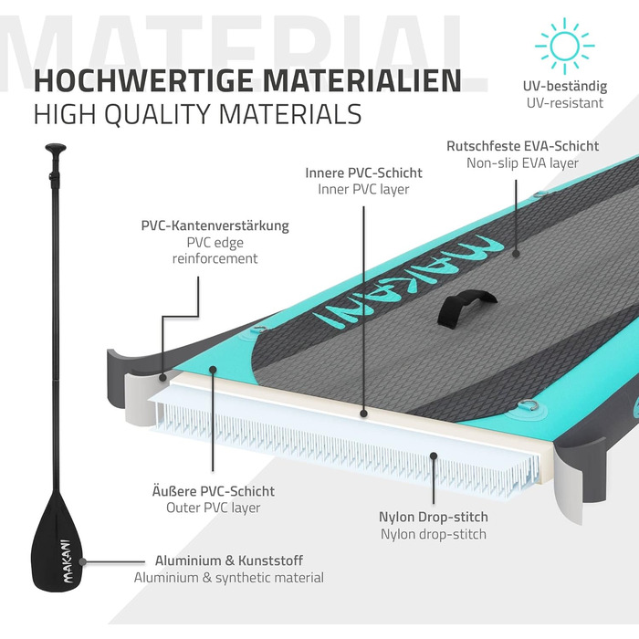 Надувна SUP-дошка ECD Germany Makani 305–380 см, PVC, до 150 кг, товщина 10/15 см, з сидінням для каяка, комплект сумка, весло, зелена