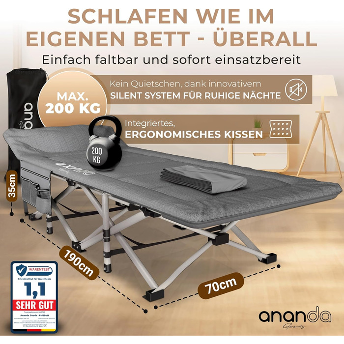 Розкладне ліжко Ananda Goods® для кемпінгу та гостей з матрацом – 190x70 см, карпове ліжко, туристичне ліжко, ліжко з бавовняно-льоновій матрац та простирадлом