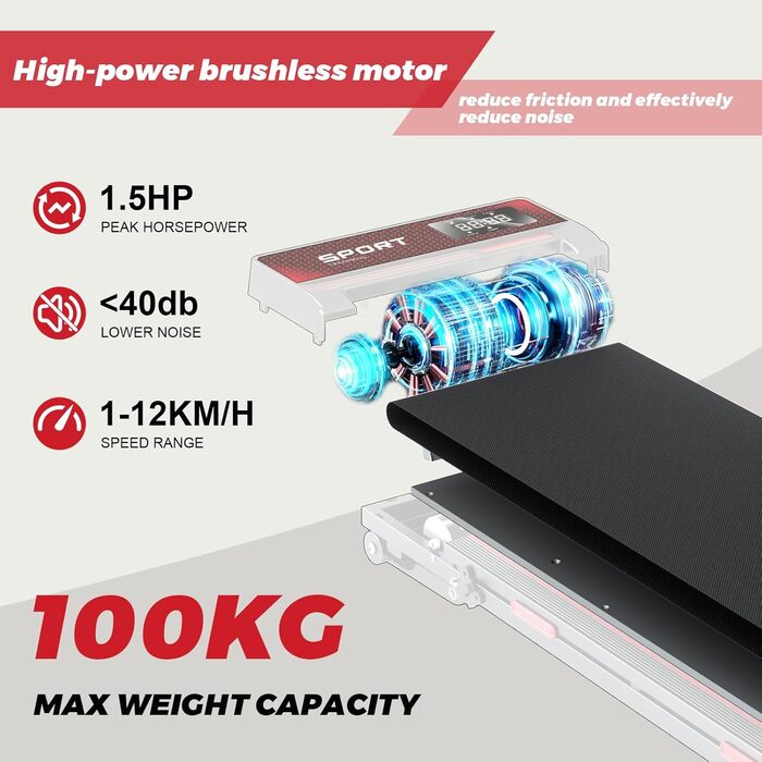 Біговий тренажер RAOO MIN для дому з електричним нахилом, 1-12 км/год, 1.5HP двигун, складаний, 4-в-1 з пультом ДУ та LED-дисплеєм, підставка для iPad/телефону. Чорний