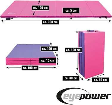 Складаний гімнастичний мат eyepower 300x100 см, товщина 5 см, рожево-фіолетовий – м'який мат для дому, фітнесу, йоги, занять спортом, дитячий мат для гімнастики та аеробіки, складаний, для приміщень і вулиці