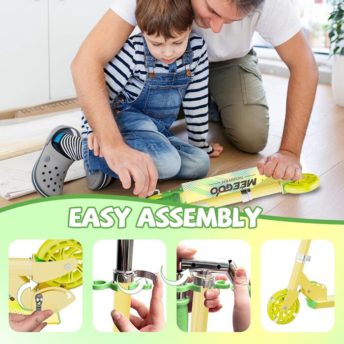 MEE GOO Роликовий самокат для дітей з алюмінію, складний, 3 регульовані висоти, LED колеса, жовтий