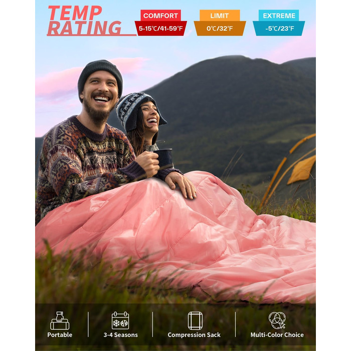 Сплячий мішок Outdoor Sportneer для двох осіб: спальний мішок 2.75 кг для дорослих, 3 сезони, 220x150 см, з 2 подушками (без фланелевої підкладки), рожевий