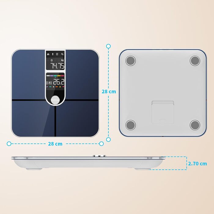 Healthkeep Розумні ваги для тіла, Bluetooth, 2 дисплеї, ITO-покриття, 16 показників, вимірювання пульсу, додаток для Android та iOS, максимальна вага 180 кг, сріблясті