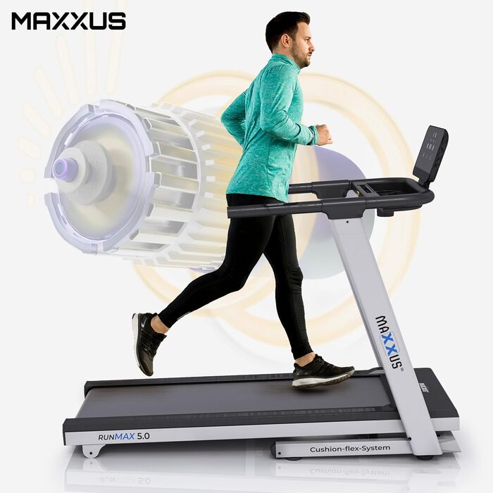 Бігова доріжка MAXXUS RunMaxx 5.0, електрична, 5 к.с., до 18 км/год, 36 програм, 16 рівнів нахилу, LCD-дисплей, зона бігу 140x49 см, пульсометр, тримач для планшета, складана, для дому