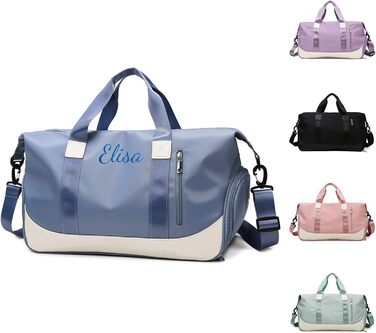 Персоналізована спортивна сумка для залу з вишивкою, жіноча дорожня сумка 35Л з відділеннями для взуття та вологих речей, синя