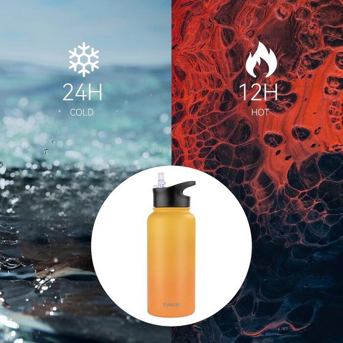 Термос пляшка з нержавіючої сталі 1 л, 2 кришки, трубочка, BPA Free, герметична, підходить для газованої води, вакуумна ізоляція, для спорту, подорожей, кемпінгу