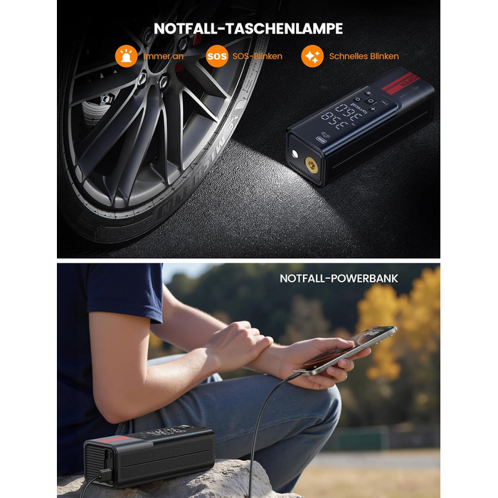 Електрична повітряна помпа Lamicall з акумулятором для велосипеда, авто, мото - 150 PSI, компресор з цифровим манометром та Powerbank, 5000mAh з металевим циліндром