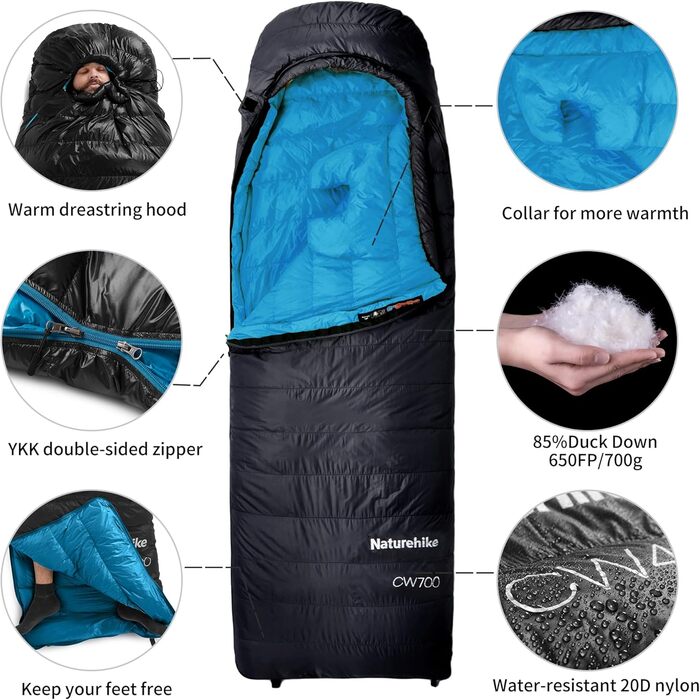 Сплячий мішок Naturehike 750FP, 4-сезонний, теплий зимовий, ультралегкий, компактний, з компресійним мішком для кемпінгу (CW700/Чорний/L)