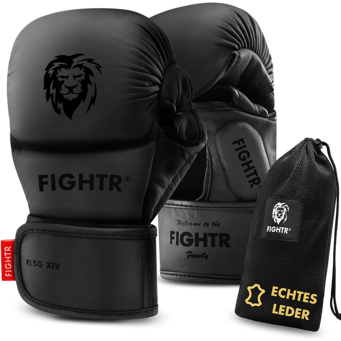 Боксерські рукавички FIGHTR MMA Pro зі шкіри для спарингу, максимальна стабільність, посилене ущільнення, для MMA, кікбоксингу та єдиноборств, чорні, розмір M, з чохлом