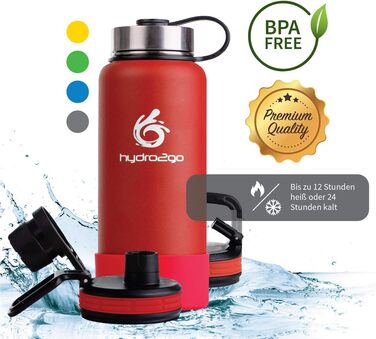 Гідрофляга hydro2go X-AlpsBottle 1 л, вакуумна термос пляшка з нержавіючої сталі, 3 кришки, герметична, для спорту та подорожей, Lava Red