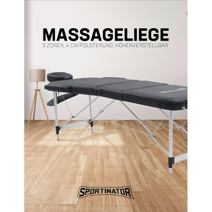 Масажний стіл SPORTINATOR Premium 3-зонний, 4 см м'яка оббивка, регульована висота, навантаження до 180 кг, чорний