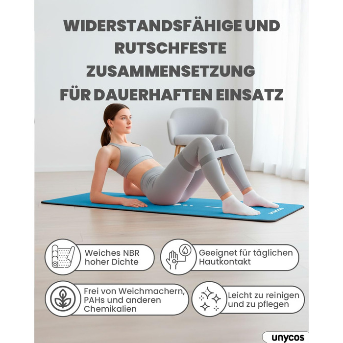 Килимок для йоги Unycos з неслизькою поверхнею | Висока щільність 6/10/15 мм, тренувальний килимок для гімнастики з ременем для перенесення, з електронною книгою. Дружній до шкіри фітнес-килимок для пілатесу, тренувань, спортзалу (#21 Синій + Чорний, 183*