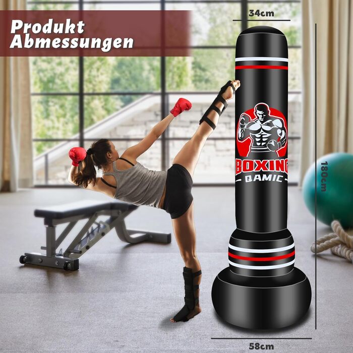 Надувний боксерський мішок QAMIC для дорослих, 180 см, з рукавичками та насосом, PVC 0,5 мм, для MMA, муай-тай, фітнесу, тренувань