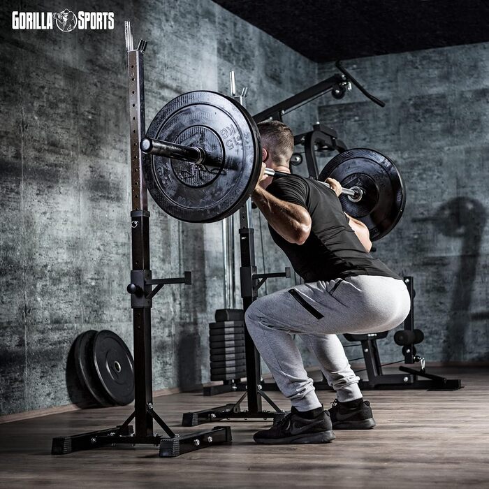 GORILLA SPORTS® Регульована стійка для штанги, сталева, вантажопідйомність до 500 кг, 52x53x105-172 см — стійка для штанги, хромована, для присідань, для тренажерного залу
