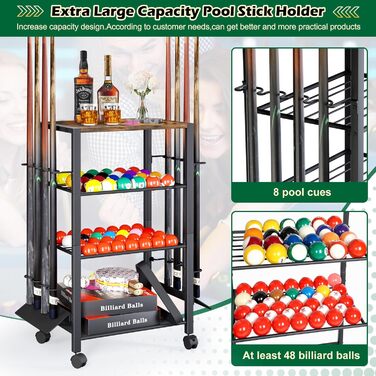 Стійка для київ (8 шт.) з органайзером для аксесуарів для більярду – зберігання для київ, куль, та обладнання. Міцна підставка для більярдного столу вдома або в барі