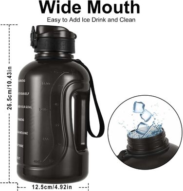 Пляшка спортивна GEMFUL 3л з міткою часу, соломинкою та ручкою, сіра. BPA-free, герметична, для фітнесу, тренувань та активного зволоження.