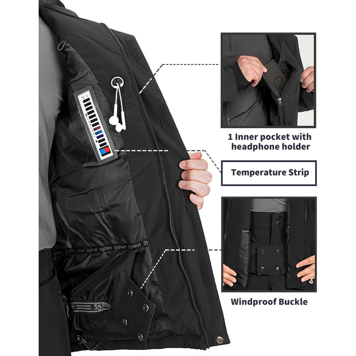 Чоловіча лижна куртка 33000ft: водонепроникна, вітрозахисна, тепла, функціональна, для сноуборду та лиж, чорного кольору