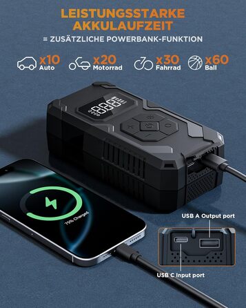 Електричний надувний насос 150 PSI: для авто, велосипеда, мотоцикла, м'ячів. Портативний компресор з манометром, акумуляторний, чорний