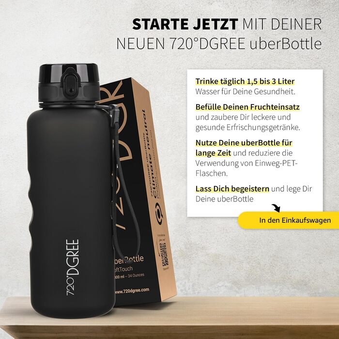 Спортивна пляшка для води 1,5 л 720°DGREE 'uberBottle' з петлею та мотиваційною шкалою, фільтром - не протікає, легка, без BPA - Tritan пляшка для університету, роботи, спорту, фітнесу, тренажерного залу 1500 мл Onyx Black - Чорний