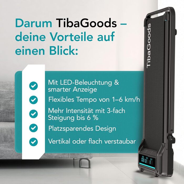 Біговий тренажер TiBa для дому - Walking Pad з нахилом [3 рівня, до 6%] - біговий килимок [макс. 100 кг, макс. 6 км/год] - ідеально підходить для столу, офісу або вітальні [125x55 см]