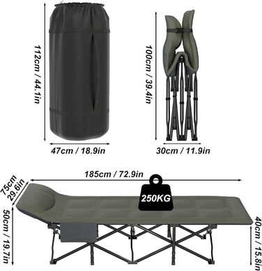 Розкладне ліжко для кемпінгу FIVMEN 185x75 см з матрацом, подушкою та кишенею, до 250 кг, для відпочинку на природі, риболовлі та гостей