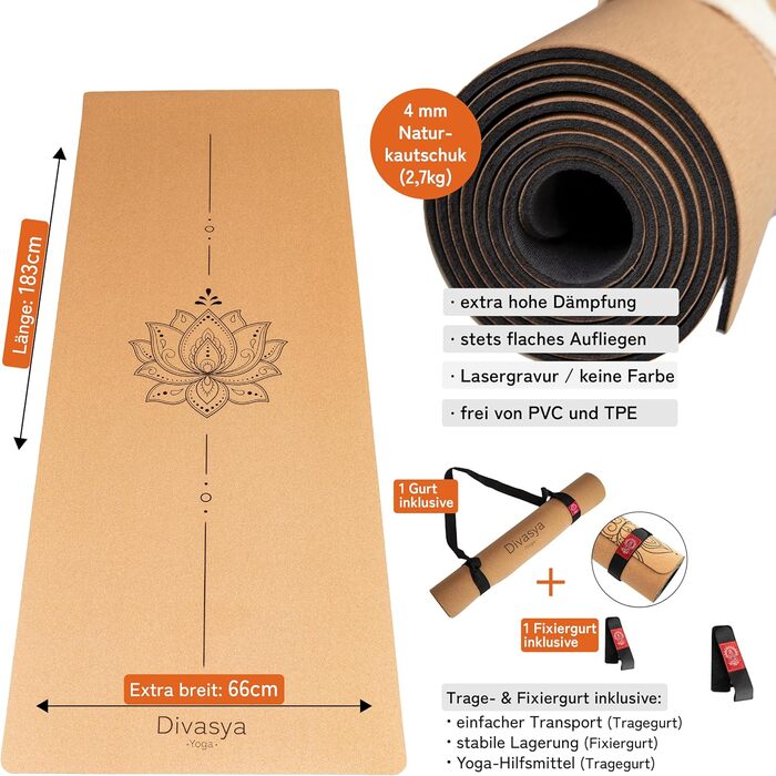 Йога мат Premium Kork: з натурального каучуку та корку | 100% натуральний та екологічний | 183 x 66 x 0,4 см | з чохлом для перенесення | неслизький | безпечний | без TPE | міцний та довговічний