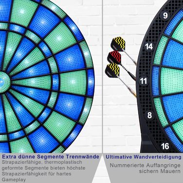 Електронна дартс-мішень Turnart з LED підсвіткою, 6 м'яких дротиків, професійна, зелена