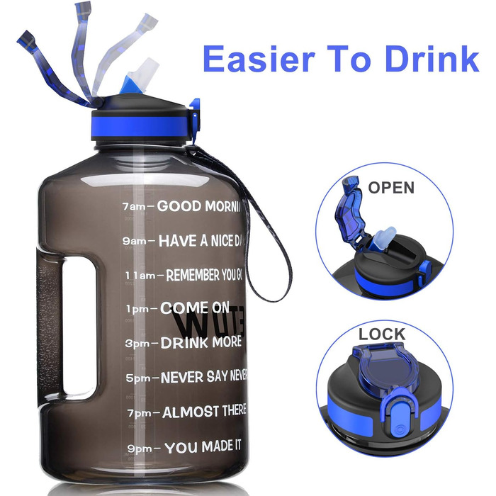 Спортивна пляшка для води 3,78 л з позначками часу та трубочкою, BPA Free, витокозахисна, чорна