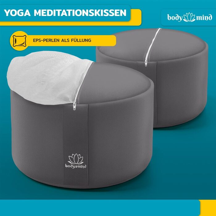 Йога-подушка Body & Mind® для медитації та занять йогою; сірий, 18 см висоти, знімний чохол, дихаюча преміум-наповнювач