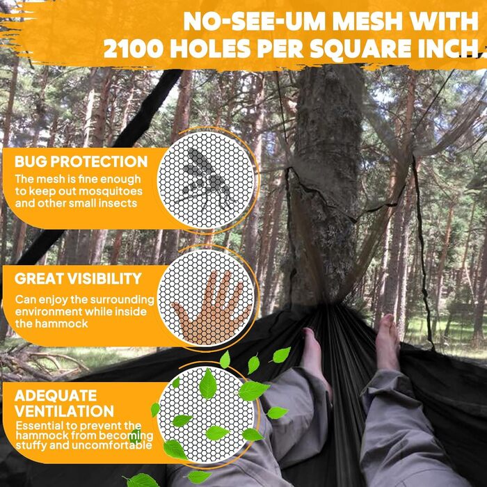 Гамак-москітна сітка NATUREFUN для кемпінгу, 300 кг, дихаючий, швидковисихаючий нейлон, 2 карабіни, 4 шнури, темно-зелений (300x200 см)