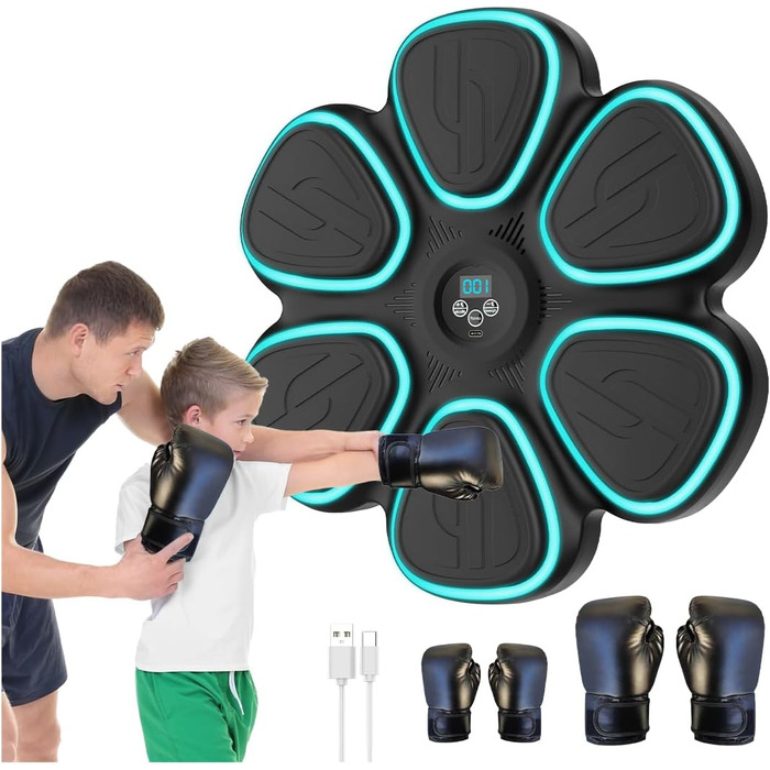 Музична боксерська машина Doramier з Bluetooth, LED-підсвічуванням та 2 парами рукавичок. 9 режимів тренування, підрахунок ударів, для дорослих та дітей. Чорний колір