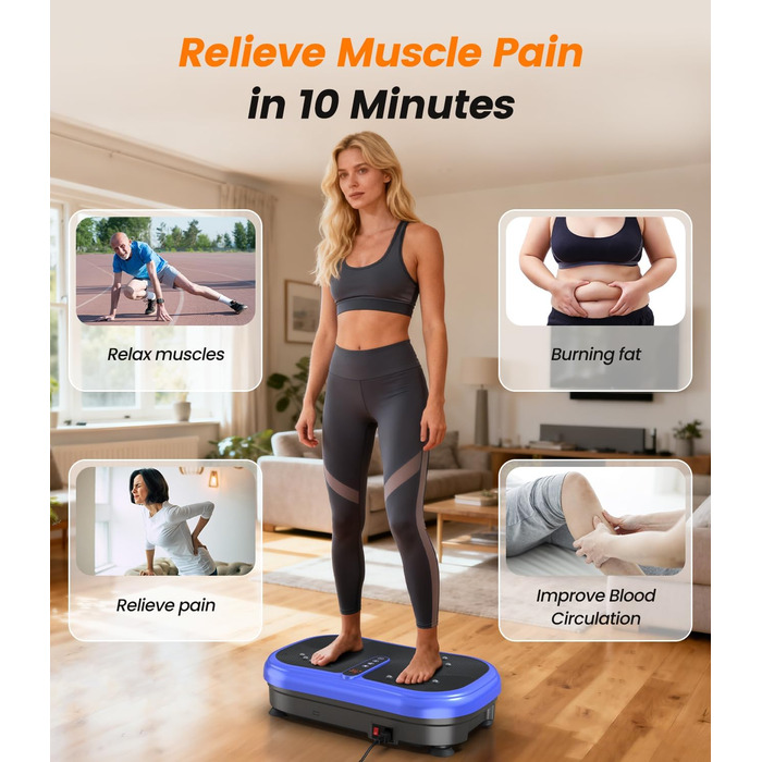 Вібраційна платформа для фітнесу 200W з пультом, 120 рівнів, ультразвук & гумові ніжки – для домашніх тренувань, підтяжки м'язів та відновлення, ідеально для жінок та літніх людей (Блакитна)