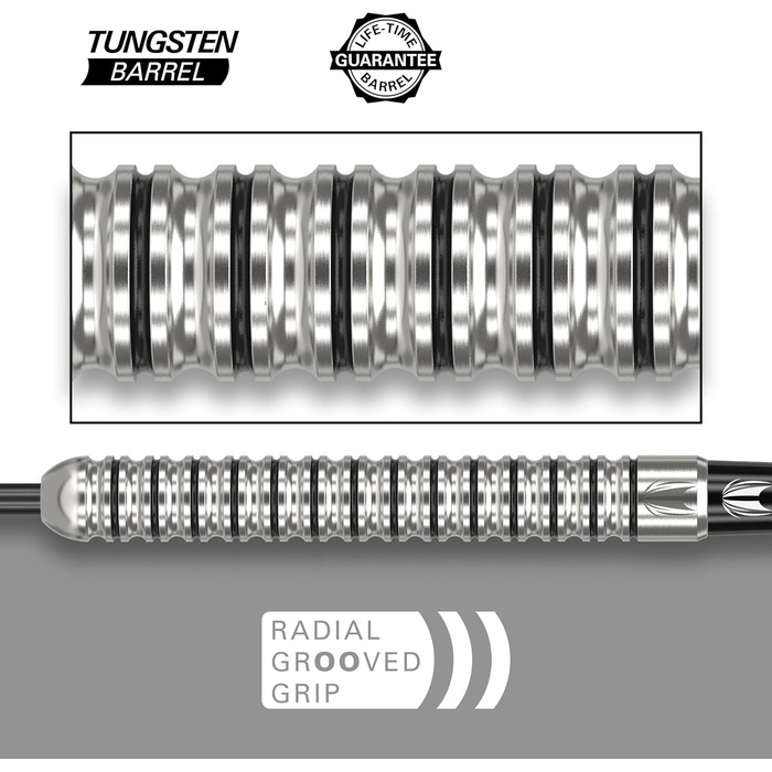 Дротики Target Darts Artemis 21-26 г вольфрамові з металевим вістрям, комплект: 6 Pro Grip шафтів, 9 Pro Ultra лайнерів, чохол для дротиків, купон на додаток Dart Counter