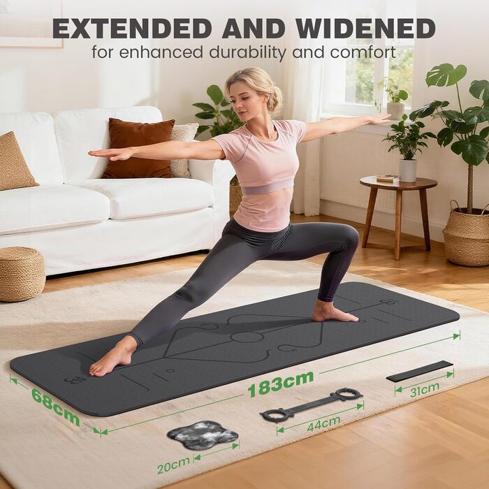 Килимок для йоги Soontrans 183x68 см, 8 мм, TPE з опорами, наколінниками та еспандером. Чорний