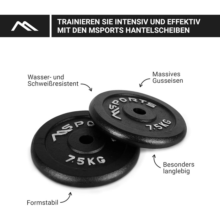 Пара професійних гантельних дисків MSPORTS з чавуну 2 x 7,5 кг, чорні