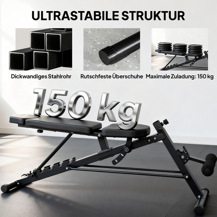 Регульована лава для жиму з багатофункціональністю, з нахиленою та плоскою поверхнею, спинка з 6 рівнями нахилу та сидіння з 3 рівнями регулювання, чорного кольору.