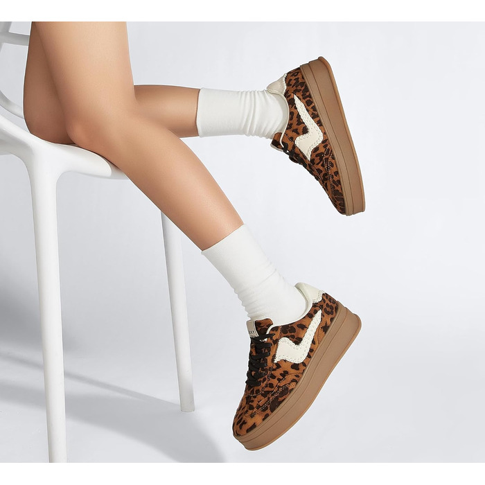 Жіночі кросівки на платформі LUCKY STEP – модні масивні кросівки, зручні шнурівки для повсякденного носіння та прогулянок з прошитими деталями. Чорно-білі (Коричневий леопард, 38 EU)