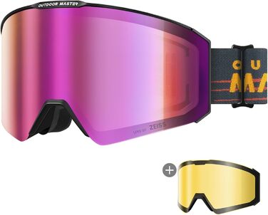 Лижна маска OutdoorMaster Falcon з лінзою ZEISS, OTG, магнітна змінна лінза, антифог, для сноуборду, чоловіків і жінок, фіолетова VLT 21% + жовта лінза