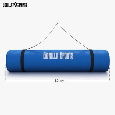 Килимок для йоги GORILLA SPORTS 190x60x1,5 см, антиковзкий, без фталатів, з ременем, синій, фітнес-мат для тренувань